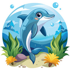 Obraz premium Cartoon Dolphin Jumping Out of the Water with a Happy Expression