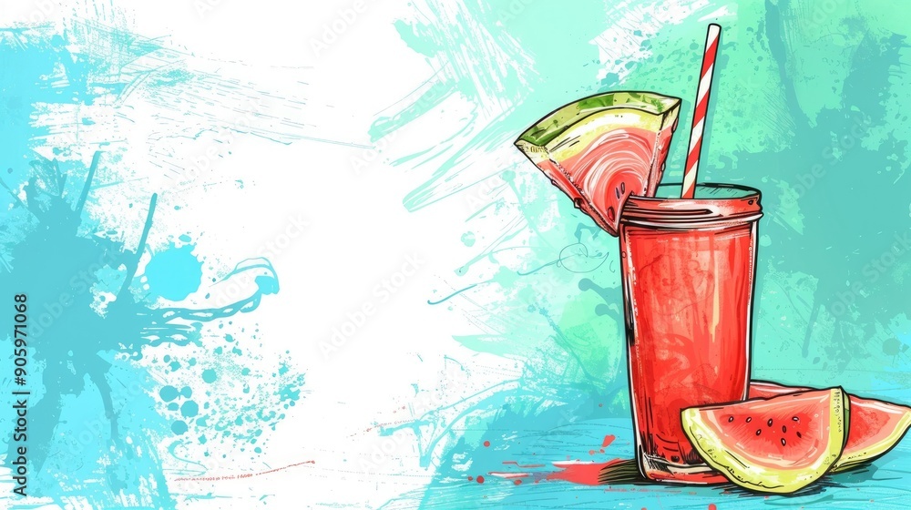 Poster watermelon juice drawing with slice and space for text
