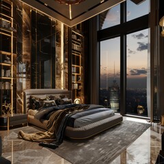 luxury penthouse bedroom interior design with modern aesthetics and neutral earth palette