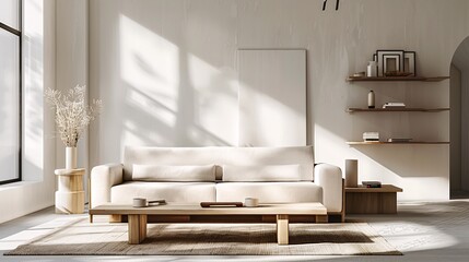 Scandinavian minimal and cozy living room. Simple decoration with bright and white tone