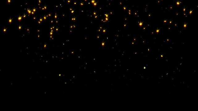 Golden confetti shiny particles falling against black screen insert overlay -4K Seamless Loop Animation