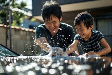 Asian father and son washing the family car together on a sunny afternoon