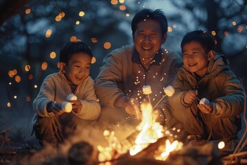 Asian father and children roasting marshmallows around a campfire at night