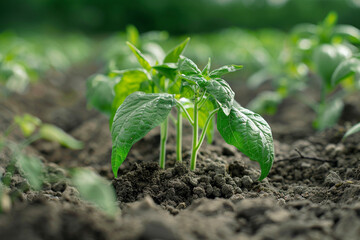 A close-up view of young green plants emerging from the rich soil, bathed in natural light.