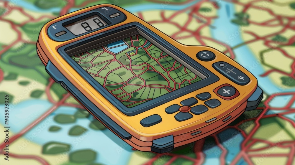Poster cartoon vector gps device displaying a location on a map