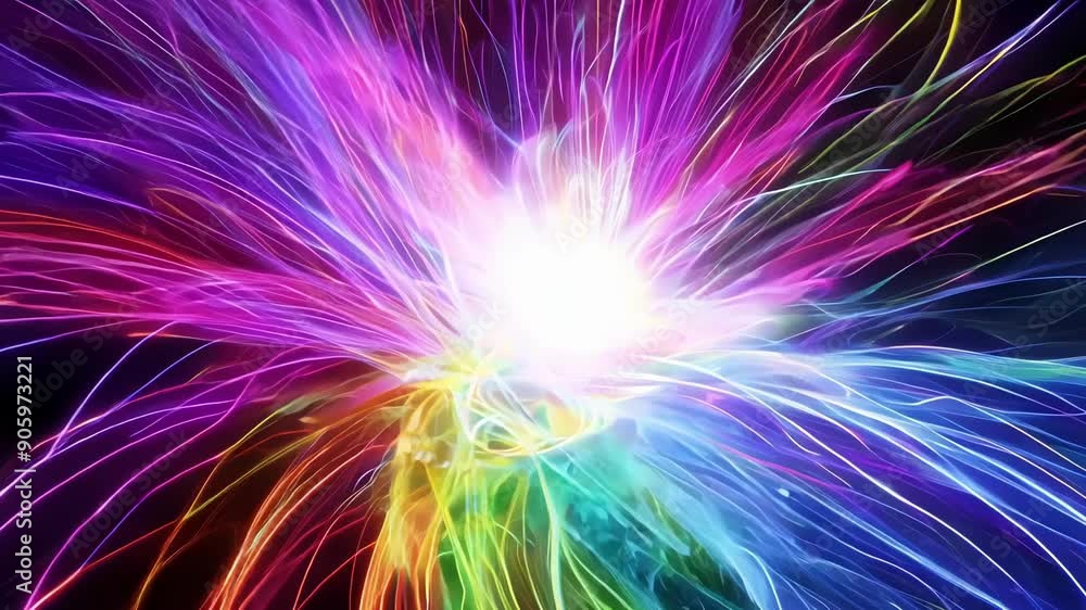 Poster bold bursts of color and light burst forth building up into a powerful and energetic transformation.