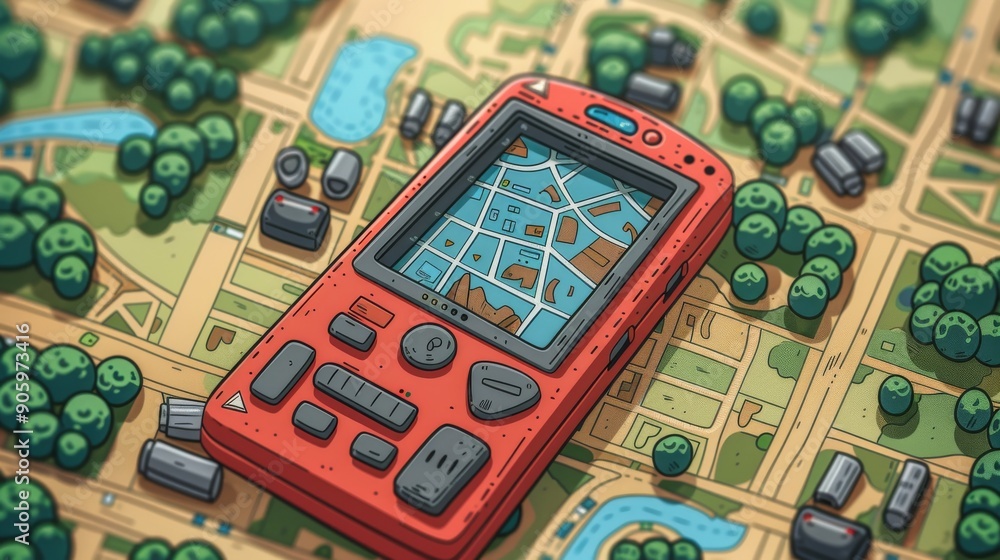 Poster cartoon vector gps device displaying a location on a map