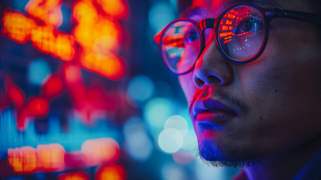 Sad Asian man staring at a display with stock exchange data and chart graphs, reflecting financial distress and market concerns.