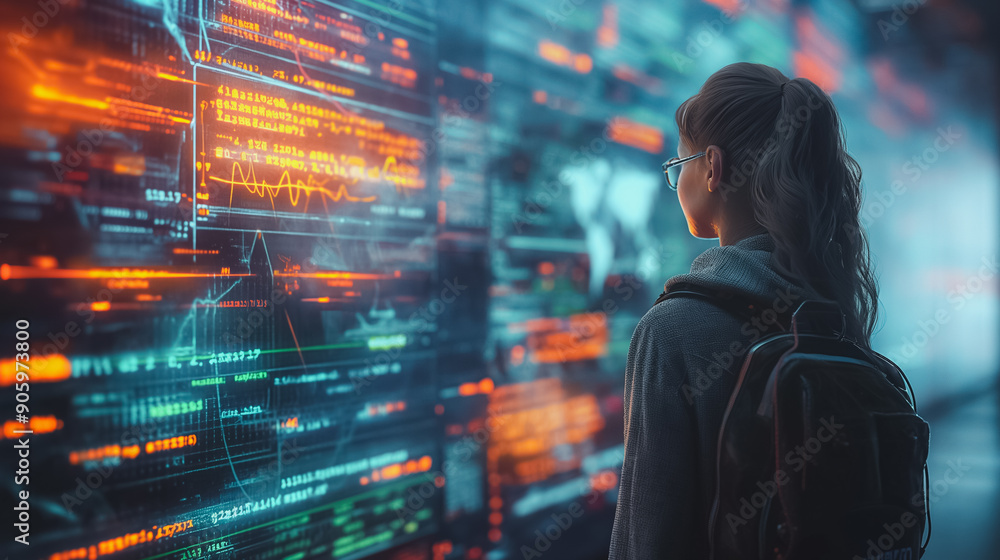 Poster a woman is looking at a computer screen with a lot of numbers and letters on it. she is wearing glas