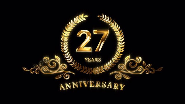 27th Anniversary Celebration. Happy 27 Years Anniversary Animation in Gold Color on the Transparent Background, Alpha Channel. Great for greetings, celebrations, events, and gifts.