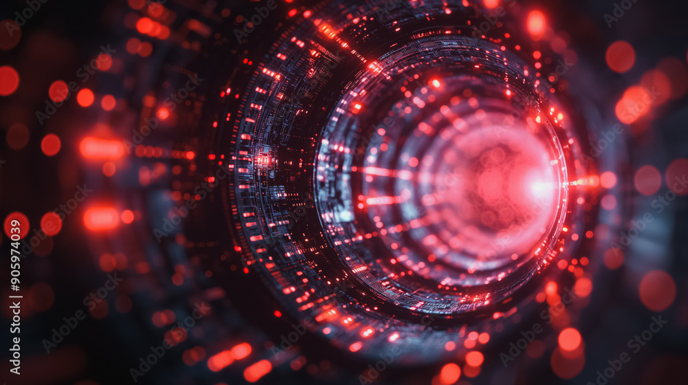 Poster a red and blue spiral with a red light in the center. the spiral is made up of many small dots and l