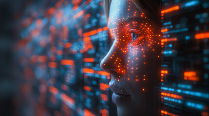 A woman's face is projected onto a computer screen with a lot of orange and blue lines. Concept of technology and artificial intelligence, as the woman's face is displayed in a digital format