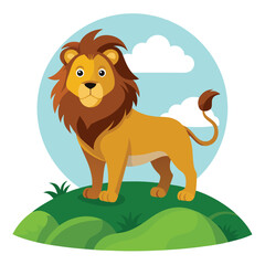 Cartoon Lion Standing on a Green Hill Against a Blue Sky