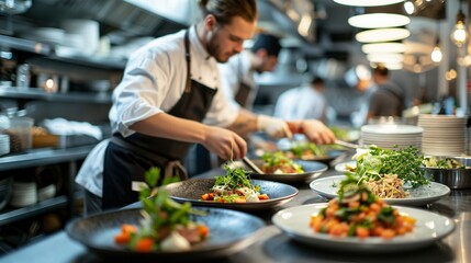 Chef Finishing Touches on Gourmet Salad Dishes