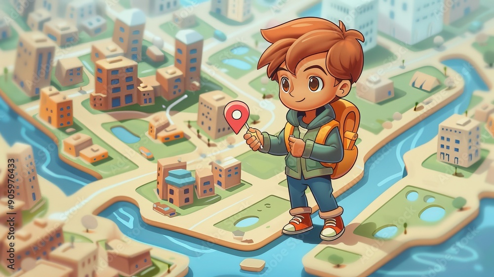 Poster cartoon vector person setting a location on a digital map application