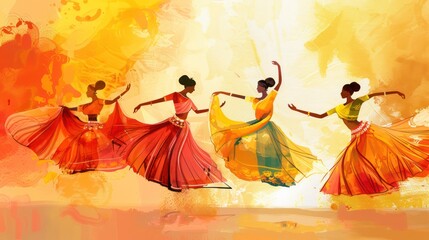 Illustration of Indian festival dancers performing classical dance forms.