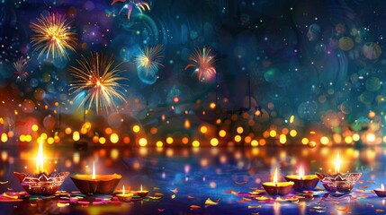 Indian festival Diwali celebration with illuminated lamps and fireworks. 