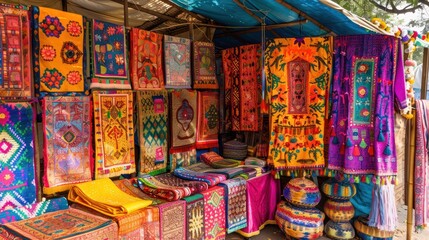 Fototapeta premium Indian festival market with vibrant textiles and handmade crafts. 