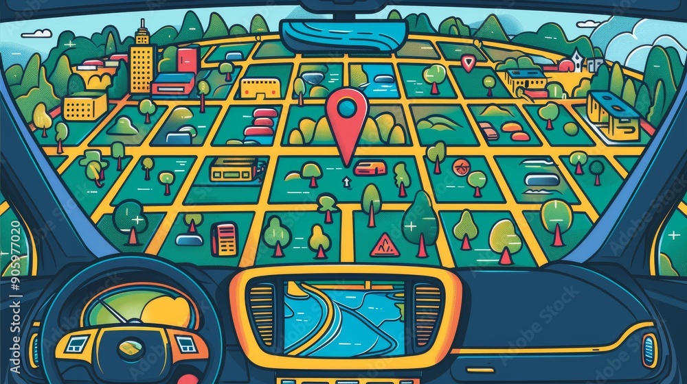 Poster cartoon vector car navigation system showing a route to a location