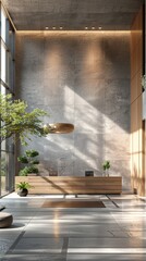 Modern Lobby with a Wooden Reception Desk, Minimalist Design, Grey Stone Walls, and Large Windows, Exuding a Businesslike Ambiance in 3D Rendering