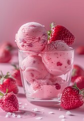 strawberry ice-cream scoops in a glass cup, very professional image on a appealing background