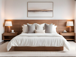 Comfortable bed with pillows in contemporary room. Interior design wall mock up. White bedroom with rug and white wall above bed. Master bedroom with wood furniture. Front view.