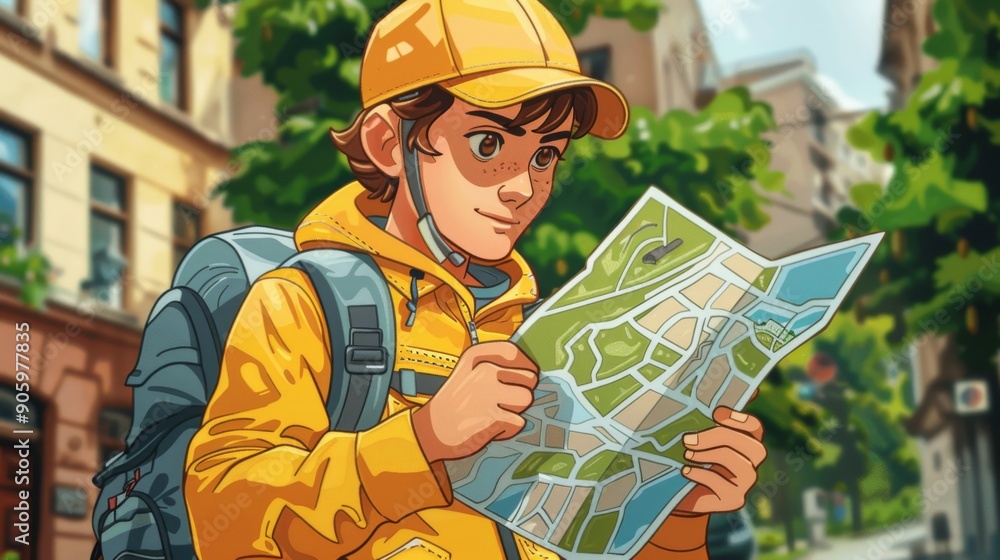 Poster cartoon vector delivery person finding an address on a digital map