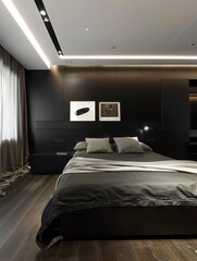 modern bedroom interior design with a sleek look, very spacious and dark details