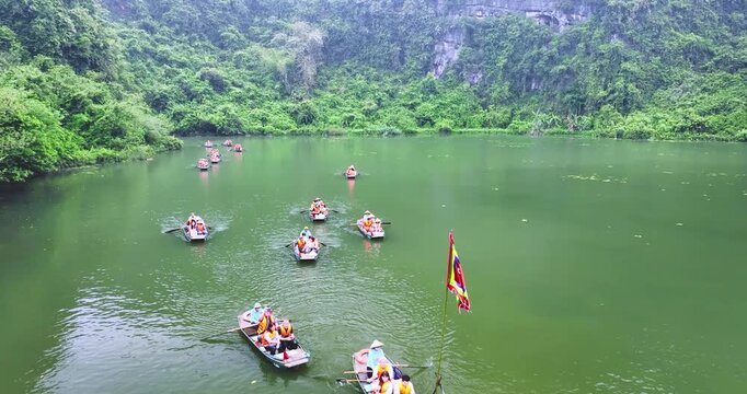 Landscape of Vu Cung at Tam Coc National Park. It was the place where the Tran Dynasty's struggle against the Nguyen Mong army took place and was also the practice place for feudal kings in Vietnam.