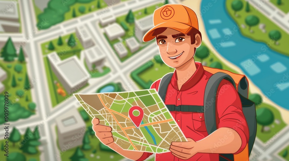 Poster cartoon vector delivery person finding an address on a digital map