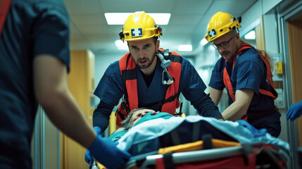 Medical staff transporting a patient on a stretcher.