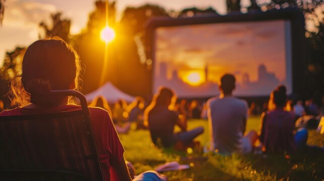 People enjoying a movie night in the park with a large projector screen