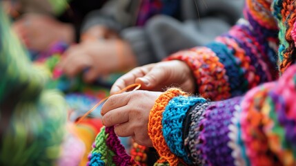 Obraz premium People knitting scarves and blankets for a charity donation