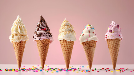 Ice cream cones with various toppings and sprinkles