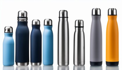 Set of various modern vacuum insulated thermos water bottles isolated on transparent background. 