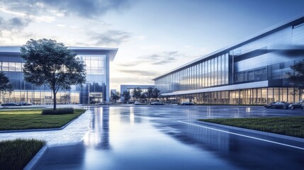 Naklejka premium Corporate Office Building with Parking Lot: Business Complex and Urban Architecture
