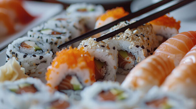Plate of assorted sushi rolls with chopsticks