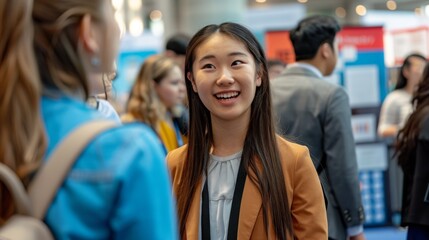 Ambitious Young Professionals at Career Fair Exploring Opportunities with Recruiters in Professional Attire for Future Planning