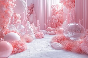 A surreal and enchanting fantasy forest with a predominantly pink color palette. 