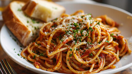 Plate of spaghetti with marinara sauce and garlic bread