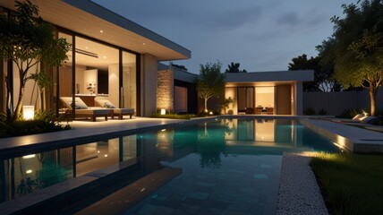 Obraz premium a futuristic modern house of contemporary design with large windows, elegant exterior lighting, and multiple levels offering a spacious layout. The property is fully fenced with an elegant gate