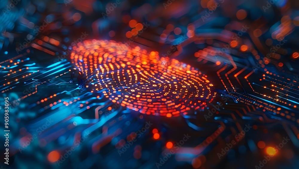 Poster fingerprint glowing on circuit board: cybersecurity and biometric authentication