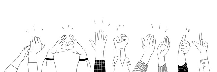 Applause hands set in doodle style. Human hands sketch with arms raised in gestures like clapping, thumbs-up and heart-finger symbols on a white background, vector illustration.