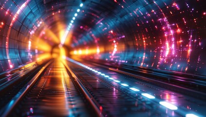 Fototapeta premium Neon Lights Tunnel with Train Tracks