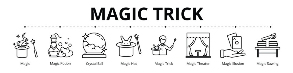 Magic Trick Line Banner Web Icon Set Vector Illustration, Magic Potion Crystal Ball Hat Trick Theater Illusion Sawing