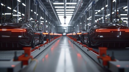 A row of sleek black cars on a conveyor belt in a factory.