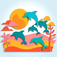 dolphin and sunset style papercut ,Generative ai