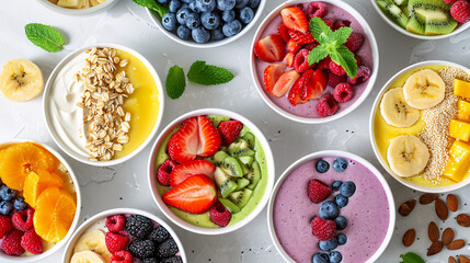 Smoothie bowls with colorful fruit toppings