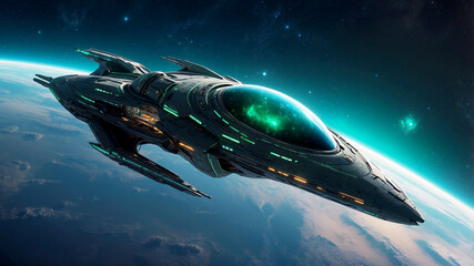 sleek, glowing spaceship orbiting a vibrant, blue-green planet, with the vast starry galaxy in the background