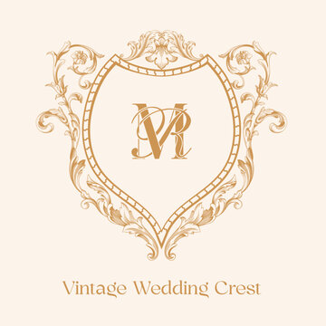 MR RM initial baroque style wedding crest design. Vintage wedding crest with shield and floral vector illustration.